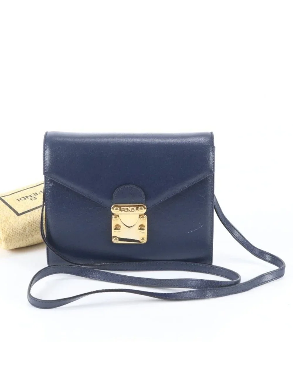 Fendi Leather 2-Way Shoulder Bag Crossbody Clutch Hand Tote Navy